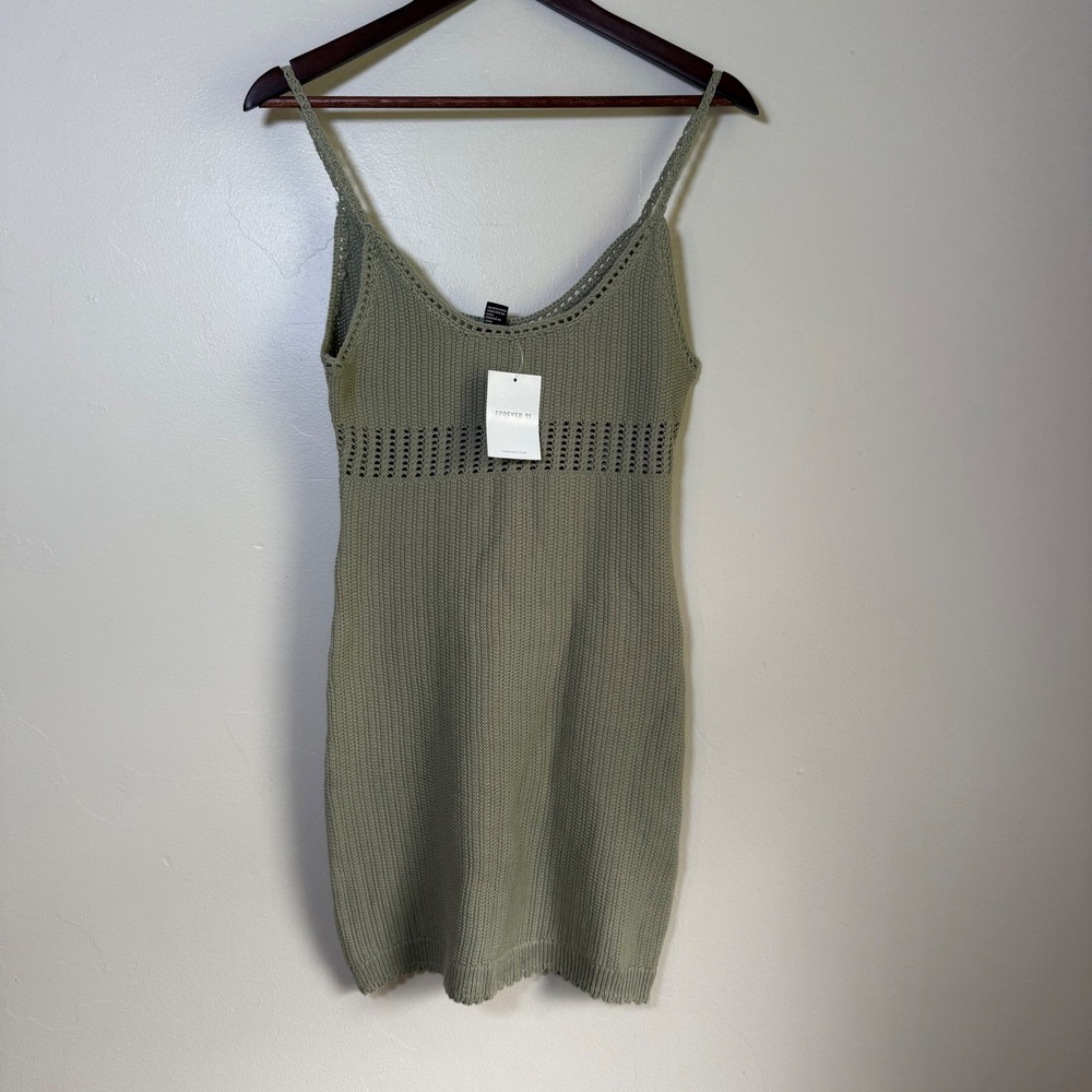NWT Forever 21 Mermaid Crochet Pointelle Knit Mini‎ Dress Size Medium Sage Green